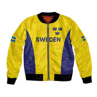 Gold unisex bomber jacket with front zipper, Sweden text and blue side stripes
