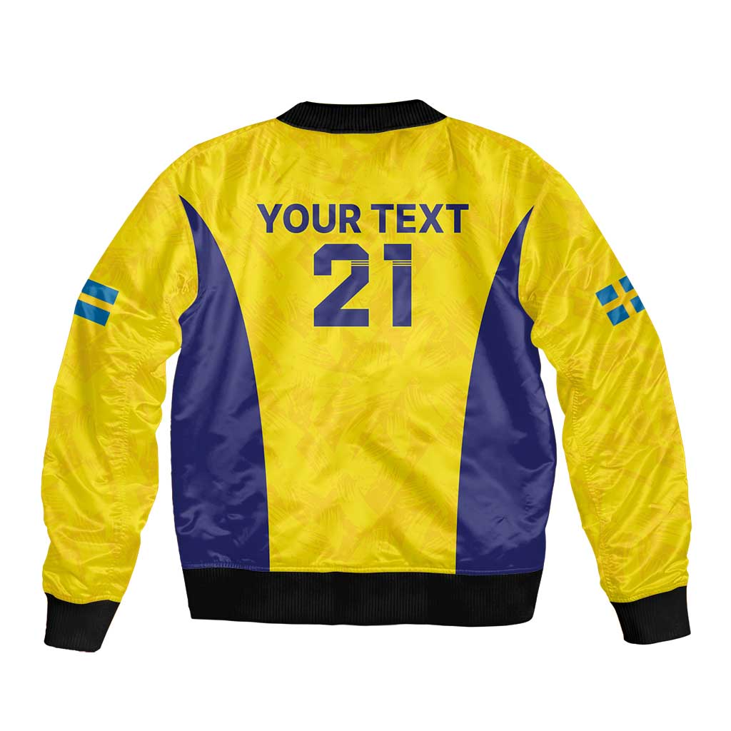 Gold unisex bomber jacket back with 'YOUR TEXT 41' and blue stripe panels
