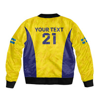 Gold unisex bomber jacket back with 'YOUR TEXT 41' and blue stripe panels