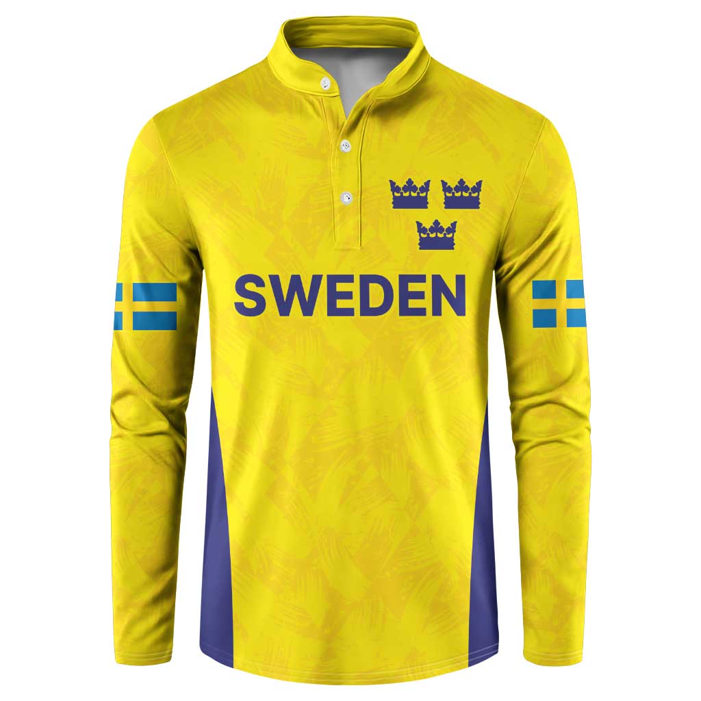 Gold rugby sweatshirt, button placket, Sweden print, crowns and blue sleeve stripes