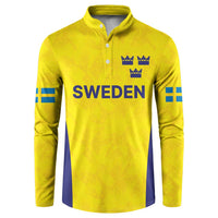 Gold rugby sweatshirt, button placket, Sweden print, crowns and blue sleeve stripes