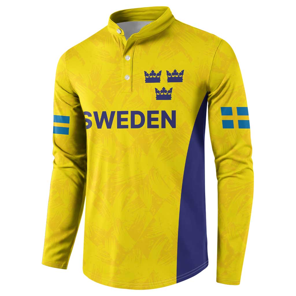 Gold rugby sweatshirt with button placket, Sweden lettering, three crowns, blue side panel