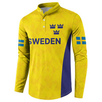 Gold rugby sweatshirt with button placket, Sweden lettering, three crowns, blue side panel