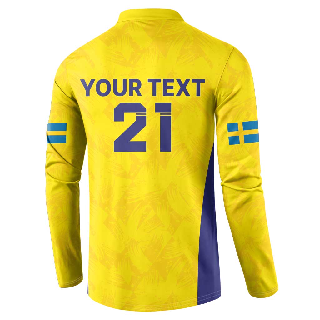 Gold rugby sweatshirt back with Your Text and '21', blue side panels and stripes