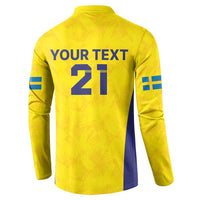 Gold rugby sweatshirt back with Your Text and '21', blue side panels and stripes