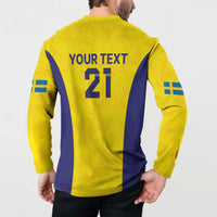 Gold rugby sweatshirt on model, back Your Text 21 print, blue side panels and sleeve flags