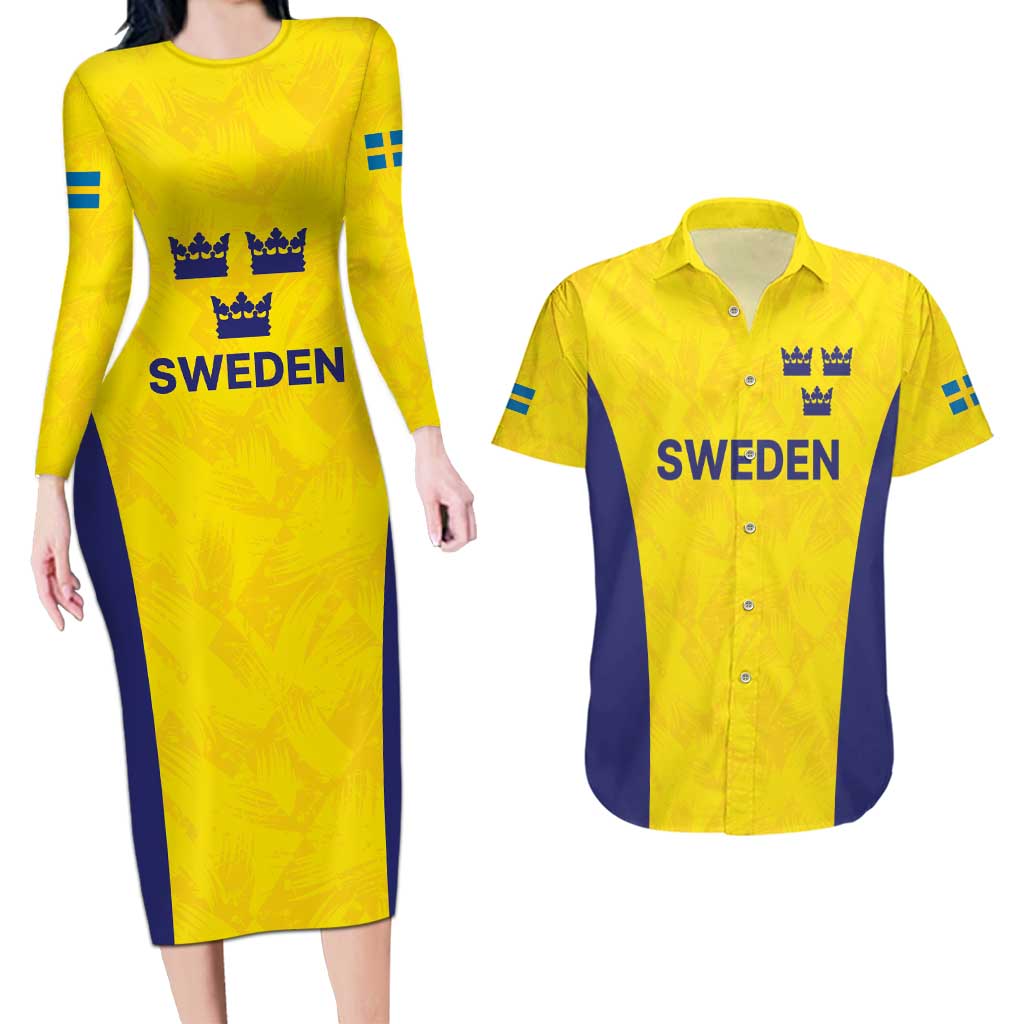 Sweden Rugby Custom Couples Matching Long Sleeve Bodycon Dress and Hawaiian Shirt Three Crowns of Sweden Gold Pattern LT9 - Wonder Print Shop