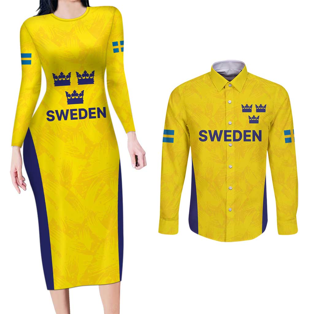 Sweden Rugby Custom Couples Matching Long Sleeve Bodycon Dress and Long Sleeve Button Shirt Three Crowns of Sweden Gold Pattern LT9 - Wonder Print Shop