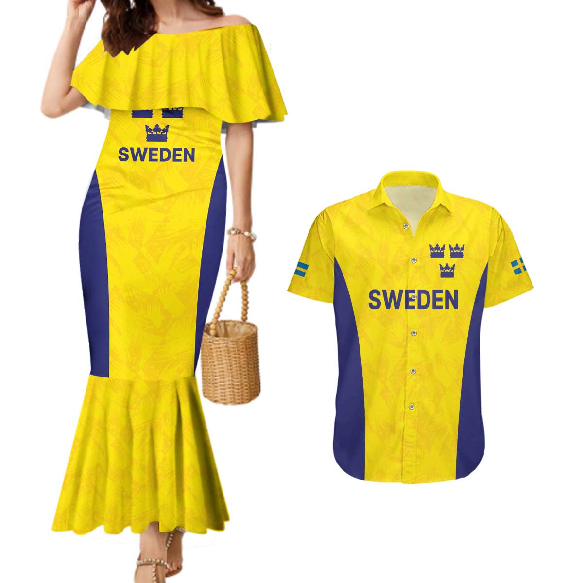 Sweden Rugby Custom Couples Matching Mermaid Dress and Hawaiian Shirt Three Crowns of Sweden Gold Pattern LT9 - Wonder Print Shop