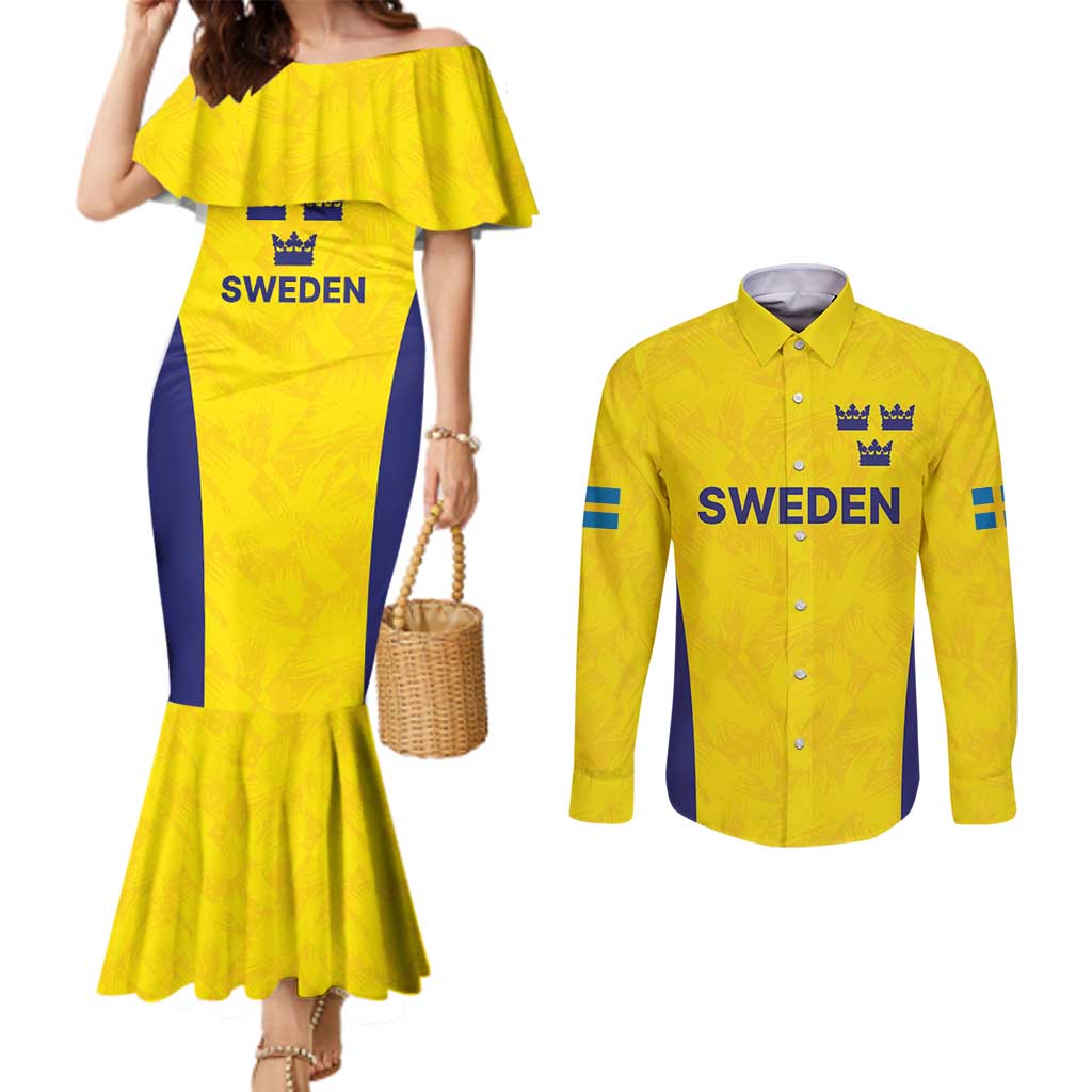 Sweden Rugby Custom Couples Matching Mermaid Dress and Long Sleeve Button Shirt Three Crowns of Sweden Gold Pattern