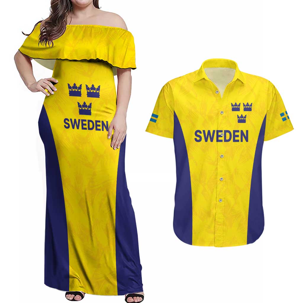 Sweden Rugby Custom Couples Matching Off Shoulder Maxi Dress and Hawaiian Shirt Three Crowns of Sweden Gold Pattern LT9 - Wonder Print Shop