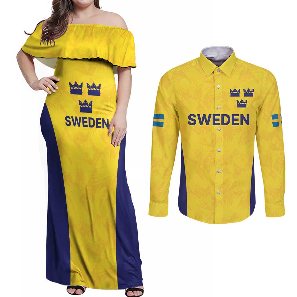 Sweden Rugby Custom Couples Matching Off Shoulder Maxi Dress and Long Sleeve Button Shirt Three Crowns of Sweden Gold Pattern LT9 - Wonder Print Shop