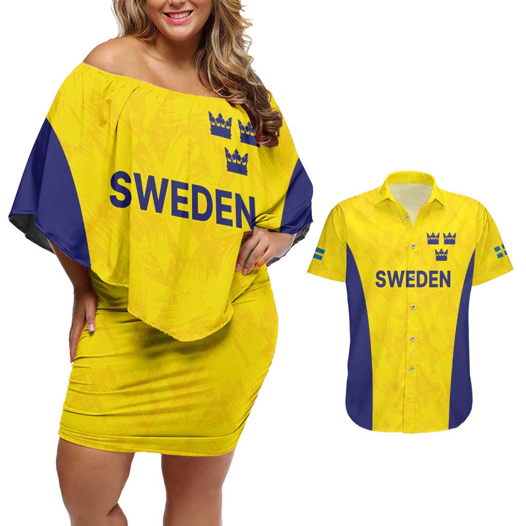 Sweden Rugby Custom Couples Matching Off Shoulder Short Dress and Hawaiian Shirt Three Crowns of Sweden Gold Pattern LT9 - Wonder Print Shop