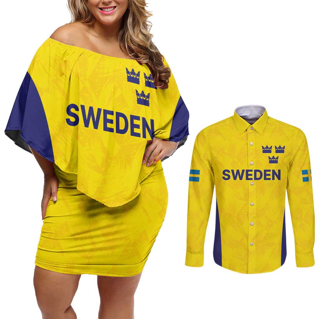 Sweden Rugby Custom Couples Matching Off Shoulder Short Dress and Long Sleeve Button Shirt Three Crowns of Sweden Gold Pattern LT9 - Wonder Print Shop