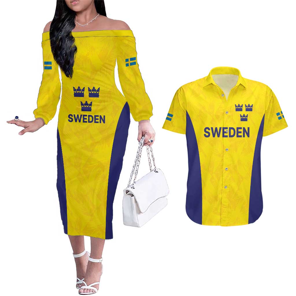 Sweden Rugby Custom Couples Matching Off The Shoulder Long Sleeve Dress and Hawaiian Shirt Three Crowns of Sweden Gold Pattern LT9 - Wonder Print Shop