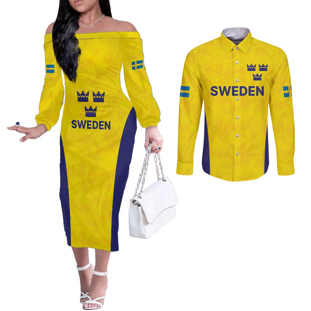 Sweden Rugby Custom Couples Matching Off The Shoulder Long Sleeve Dress and Long Sleeve Button Shirt Three Crowns of Sweden Gold Pattern