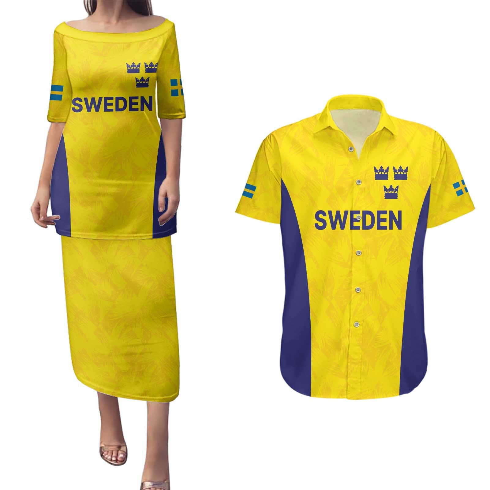 Sweden Rugby Custom Couples Matching Puletasi and Hawaiian Shirt Three Crowns of Sweden Gold Pattern LT9 - Wonder Print Shop