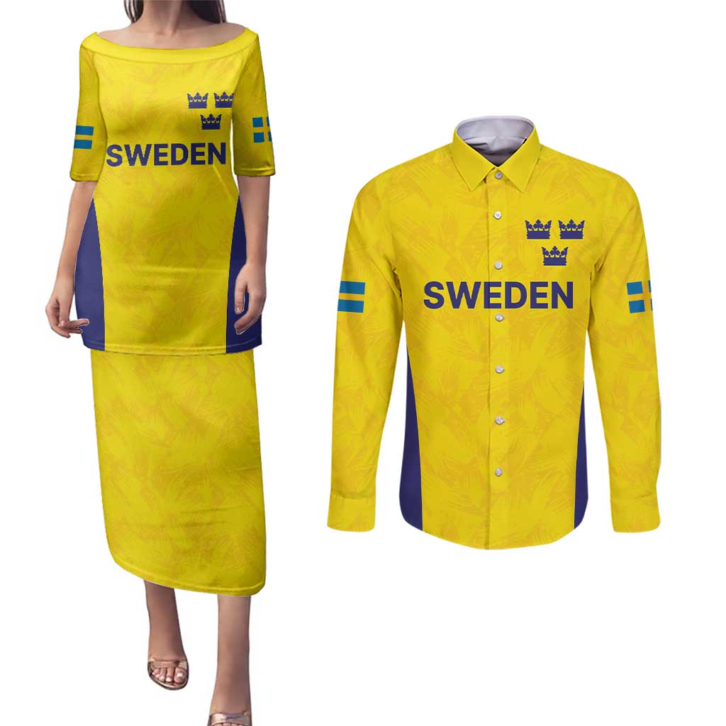 Sweden Rugby Custom Couples Matching Puletasi and Long Sleeve Button Shirt Three Crowns of Sweden Gold Pattern LT9 - Wonder Print Shop