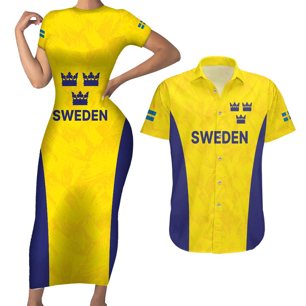 Sweden Rugby Custom Couples Matching Short Sleeve Bodycon Dress and Hawaiian Shirt Three Crowns of Sweden Gold Pattern LT9 - Wonder Print Shop