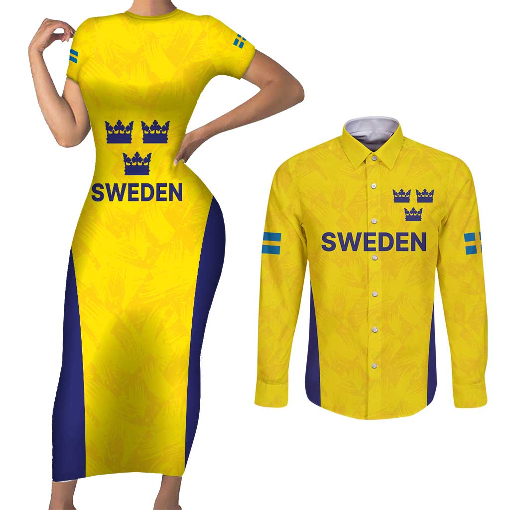 Sweden Rugby Custom Couples Matching Short Sleeve Bodycon Dress and Long Sleeve Button Shirt Three Crowns of Sweden Gold Pattern LT9 - Wonder Print Shop