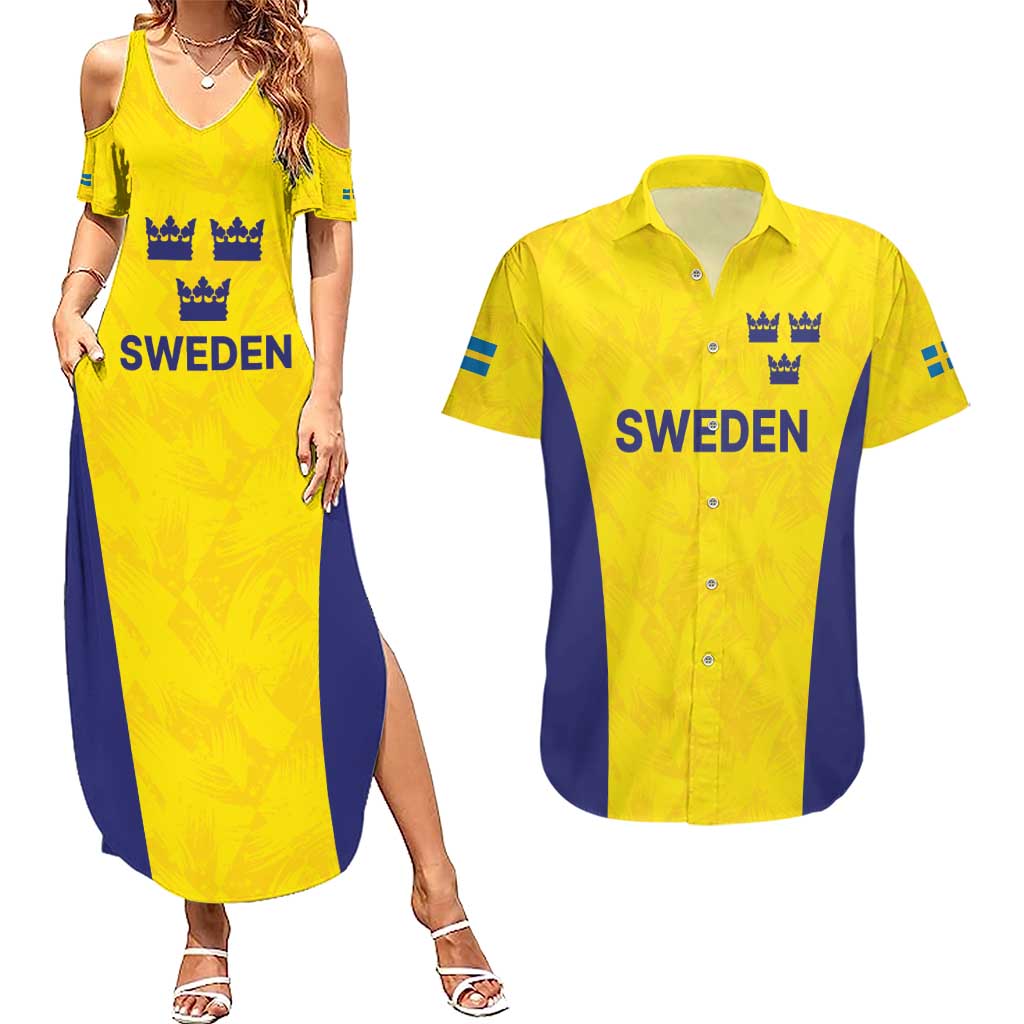 Sweden Rugby Custom Couples Matching Summer Maxi Dress and Hawaiian Shirt Three Crowns of Sweden Gold Pattern LT9 - Wonder Print Shop