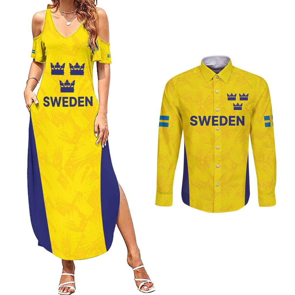 Sweden Rugby Custom Couples Matching Summer Maxi Dress and Long Sleeve Button Shirt Three Crowns of Sweden Gold Pattern LT9 - Wonder Print Shop