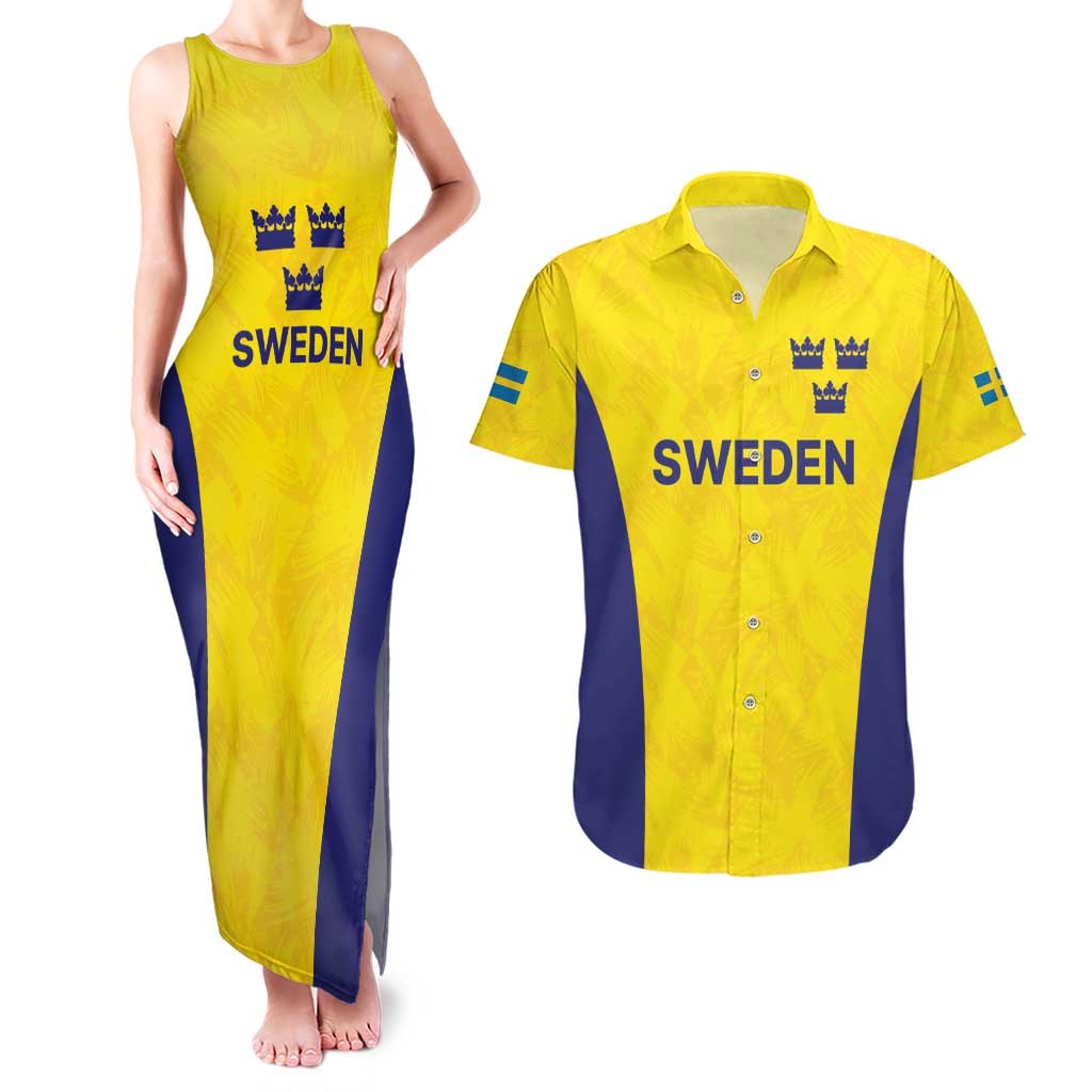 Sweden Rugby Custom Couples Matching Tank Maxi Dress and Hawaiian Shirt Three Crowns of Sweden Gold Pattern LT9 - Wonder Print Shop