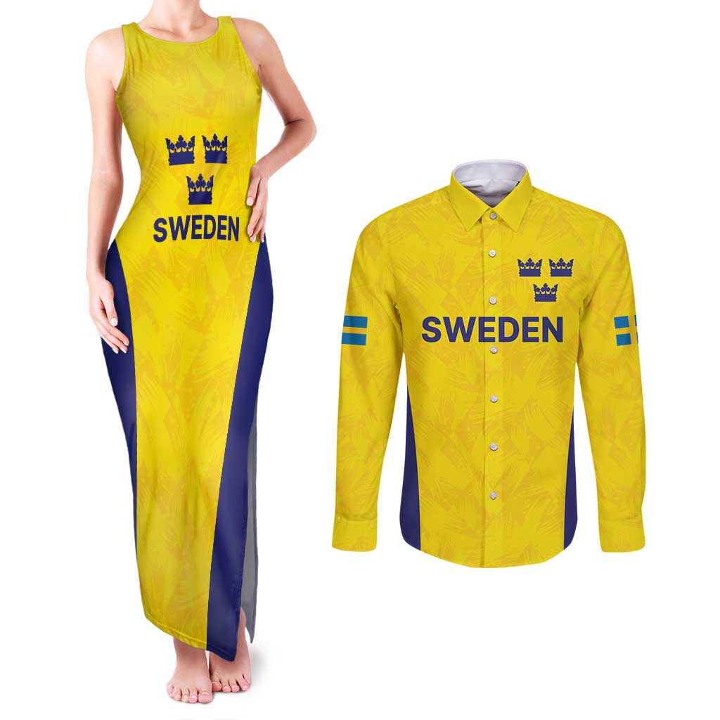 Sweden Rugby Custom Couples Matching Tank Maxi Dress and Long Sleeve Button Shirt Three Crowns of Sweden Gold Pattern LT9 - Wonder Print Shop