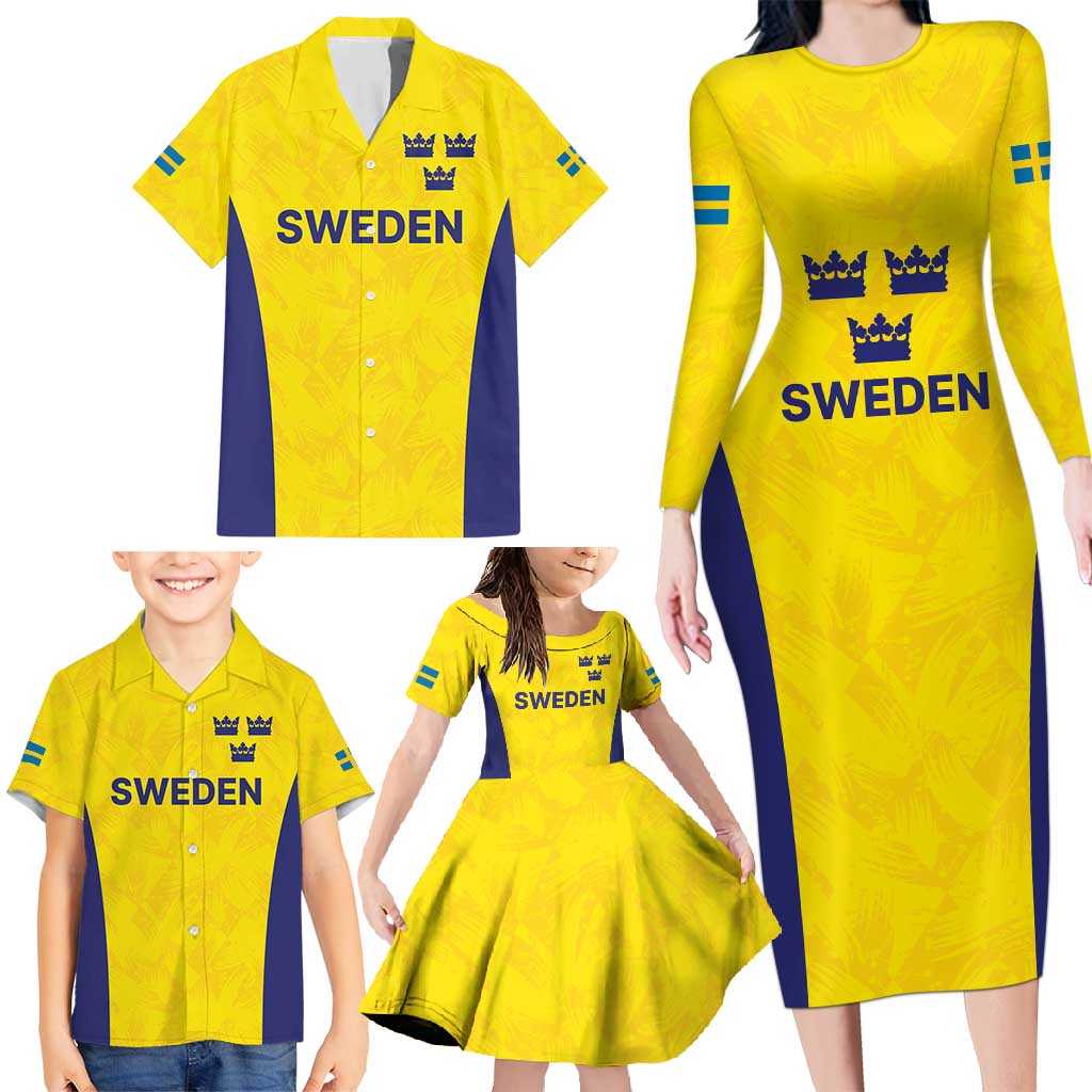 Sweden Rugby Custom Family Matching Long Sleeve Bodycon Dress and Hawaiian Shirt Three Crowns of Sweden Gold Pattern LT9 - Wonder Print Shop