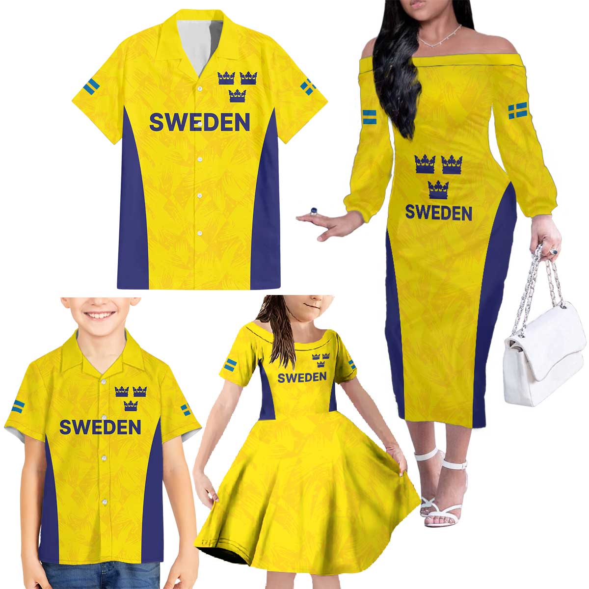 Sweden Rugby Custom Family Matching Off The Shoulder Long Sleeve Dress and Hawaiian Shirt Three Crowns of Sweden Gold Pattern - Wonder Print Shop