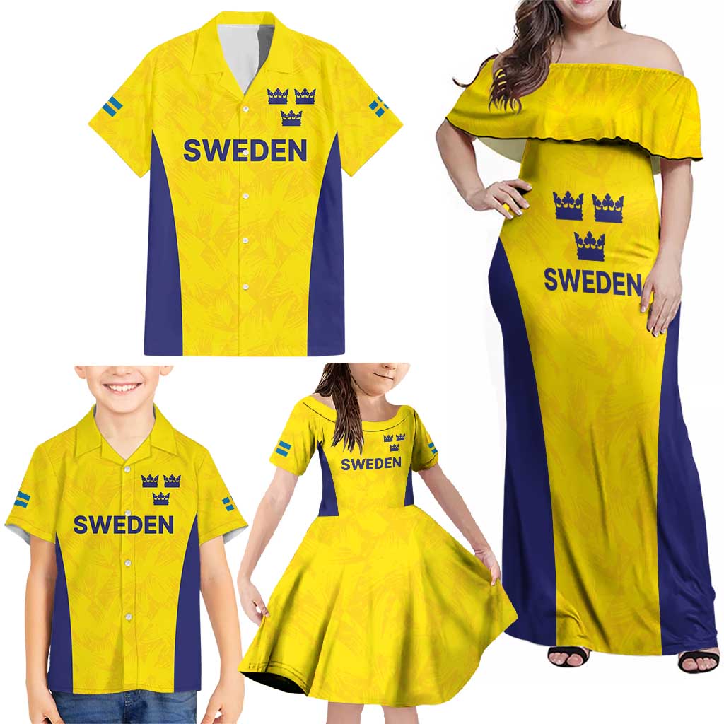 Sweden Rugby Custom Family Matching Off Shoulder Maxi Dress and Hawaiian Shirt Three Crowns of Sweden Gold Pattern LT9 - Wonder Print Shop