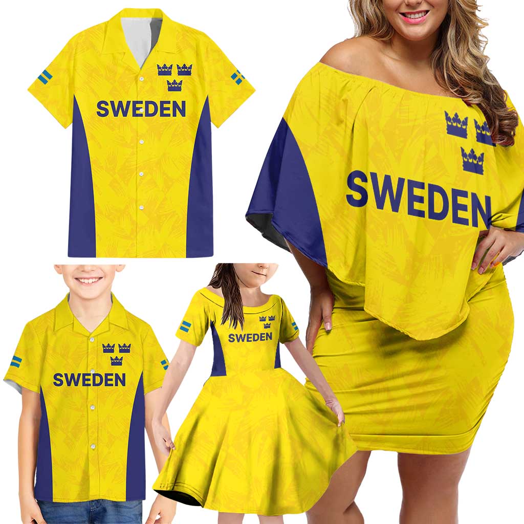 Sweden Rugby Custom Family Matching Off Shoulder Short Dress and Hawaiian Shirt Three Crowns of Sweden Gold Pattern LT9 - Wonder Print Shop