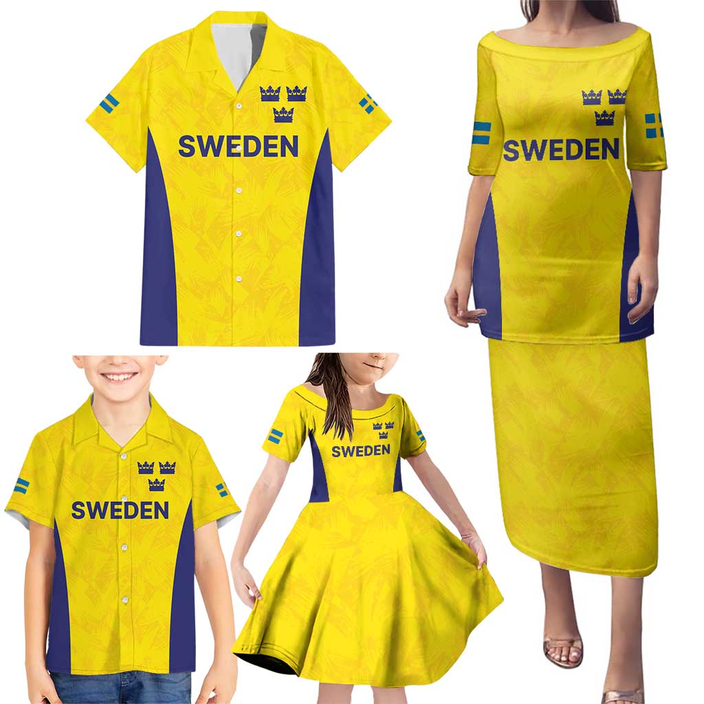 Sweden Rugby Custom Family Matching Puletasi and Hawaiian Shirt Three Crowns of Sweden Gold Pattern - Wonder Print Shop