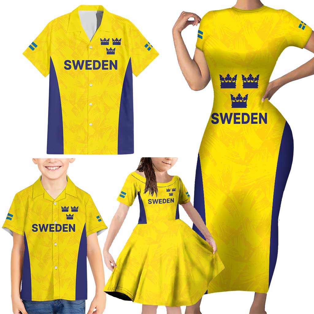 Sweden Rugby Custom Family Matching Short Sleeve Bodycon Dress and Hawaiian Shirt Three Crowns of Sweden Gold Pattern - Wonder Print Shop