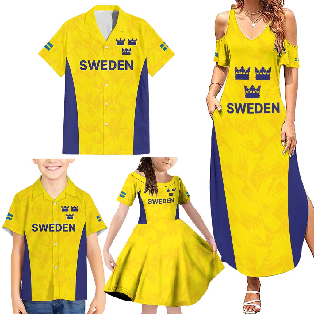 Sweden Rugby Custom Family Matching Summer Maxi Dress and Hawaiian Shirt Three Crowns of Sweden Gold Pattern - Wonder Print Shop