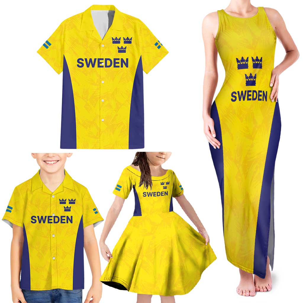 Sweden Rugby Custom Family Matching Tank Maxi Dress and Hawaiian Shirt Three Crowns of Sweden Gold Pattern - Wonder Print Shop