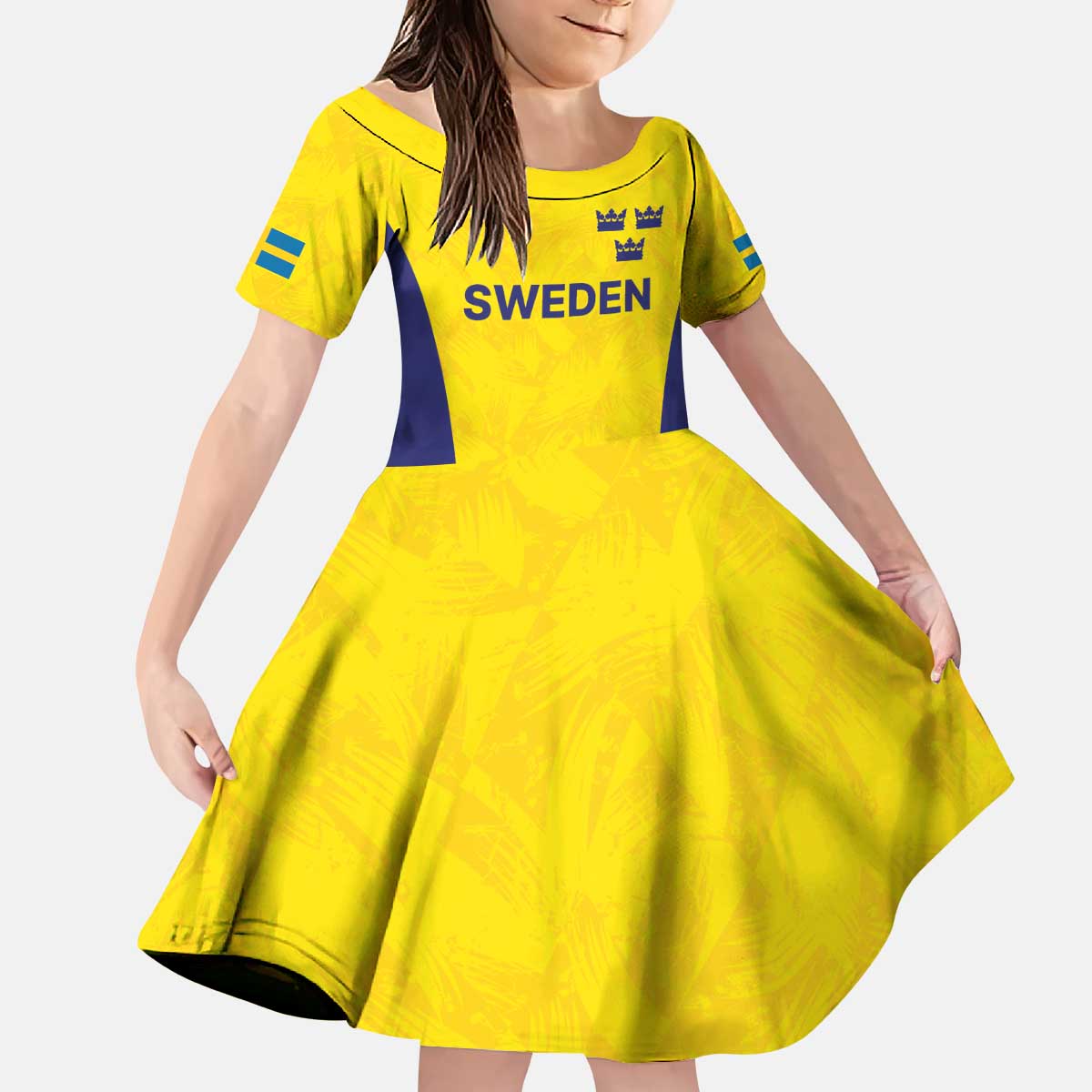 Sweden Rugby Custom Kid Short Sleeve Dress Three Crowns of Sweden Gold Pattern - Wonder Print Shop