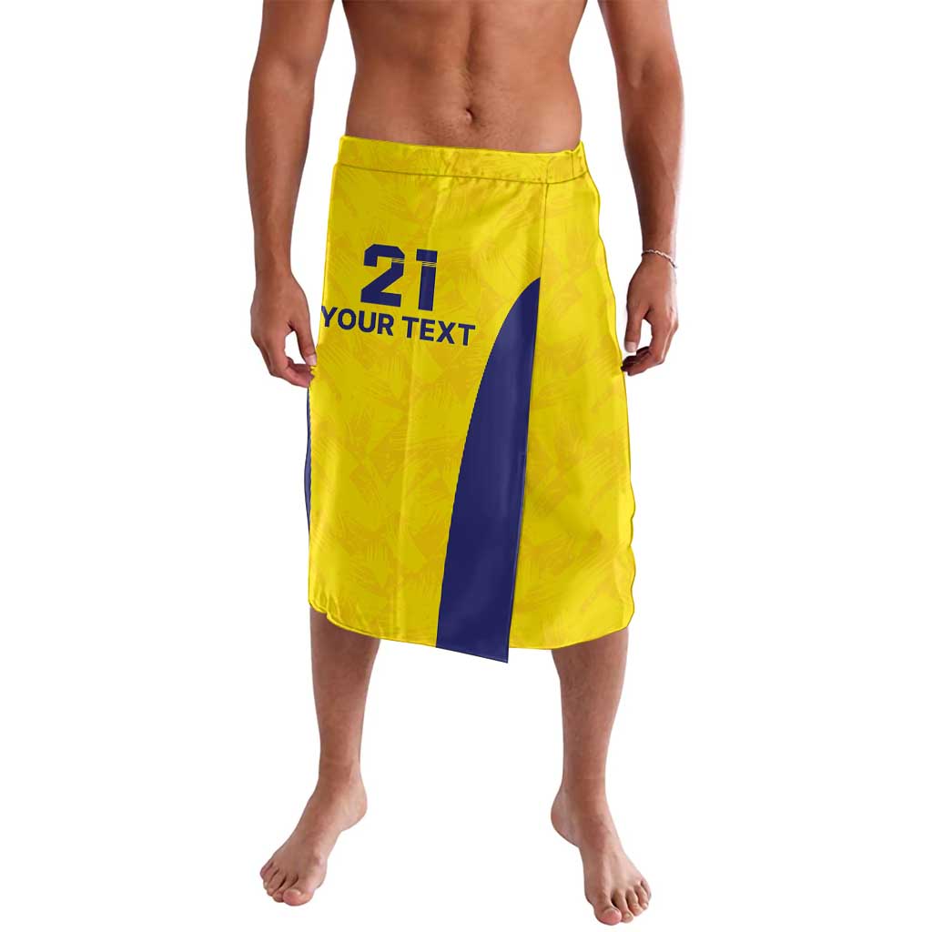 Men's yellow rugby-style shorts with navy side panels and customizable text graphic
