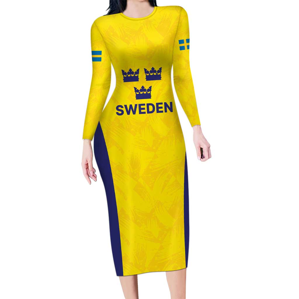 Sweden Rugby Custom Long Sleeve Bodycon Dress Three Crowns of Sweden Gold Pattern - Wonder Print Shop