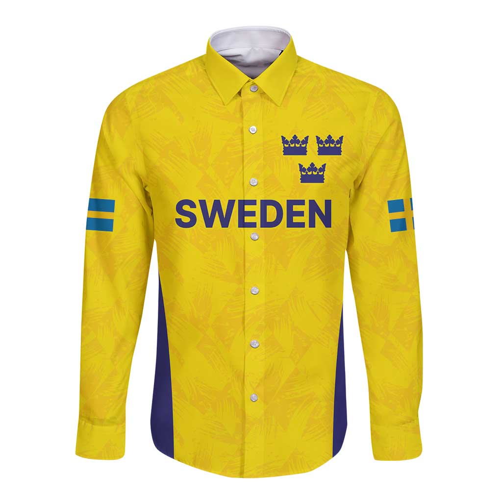 Gold long sleeve rugby button shirt with Sweden text, three-crown crest, blue sleeve stripes.