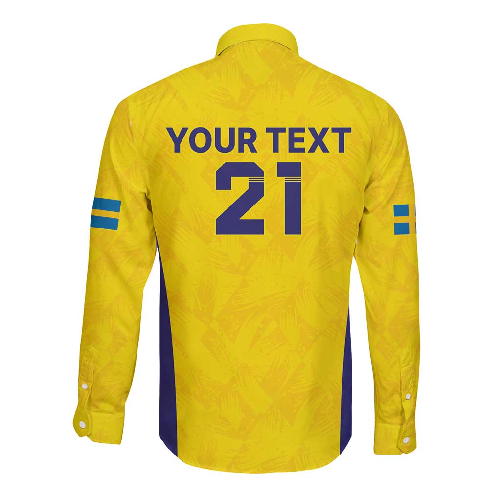 Gold long sleeve rugby button shirt with YOUR TEXT 21 on back and blue sleeve stripes.