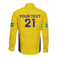 Gold long sleeve rugby button shirt with YOUR TEXT 21 on back and blue sleeve stripes.