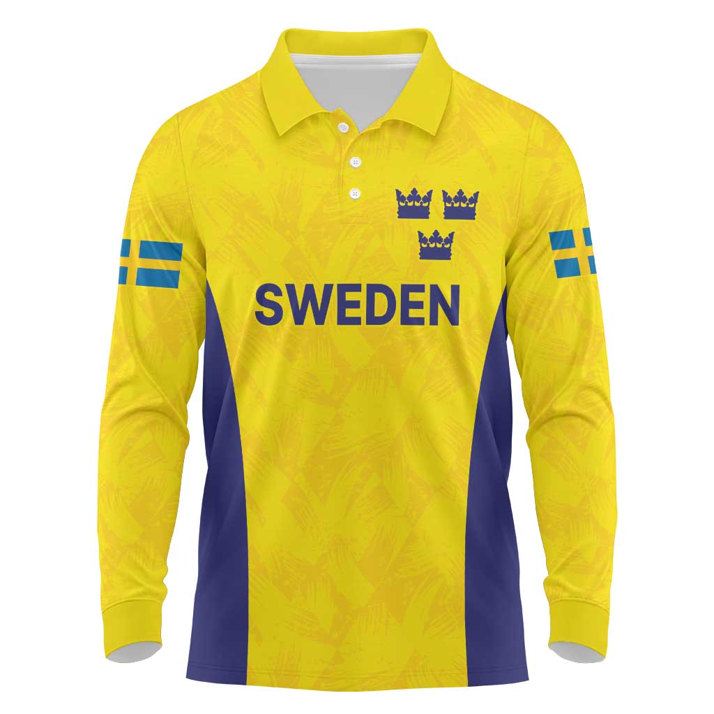 Sweden Rugby Custom Long Sleeve Polo Shirt Three Crowns of Sweden Gold Pattern - Wonder Print Shop