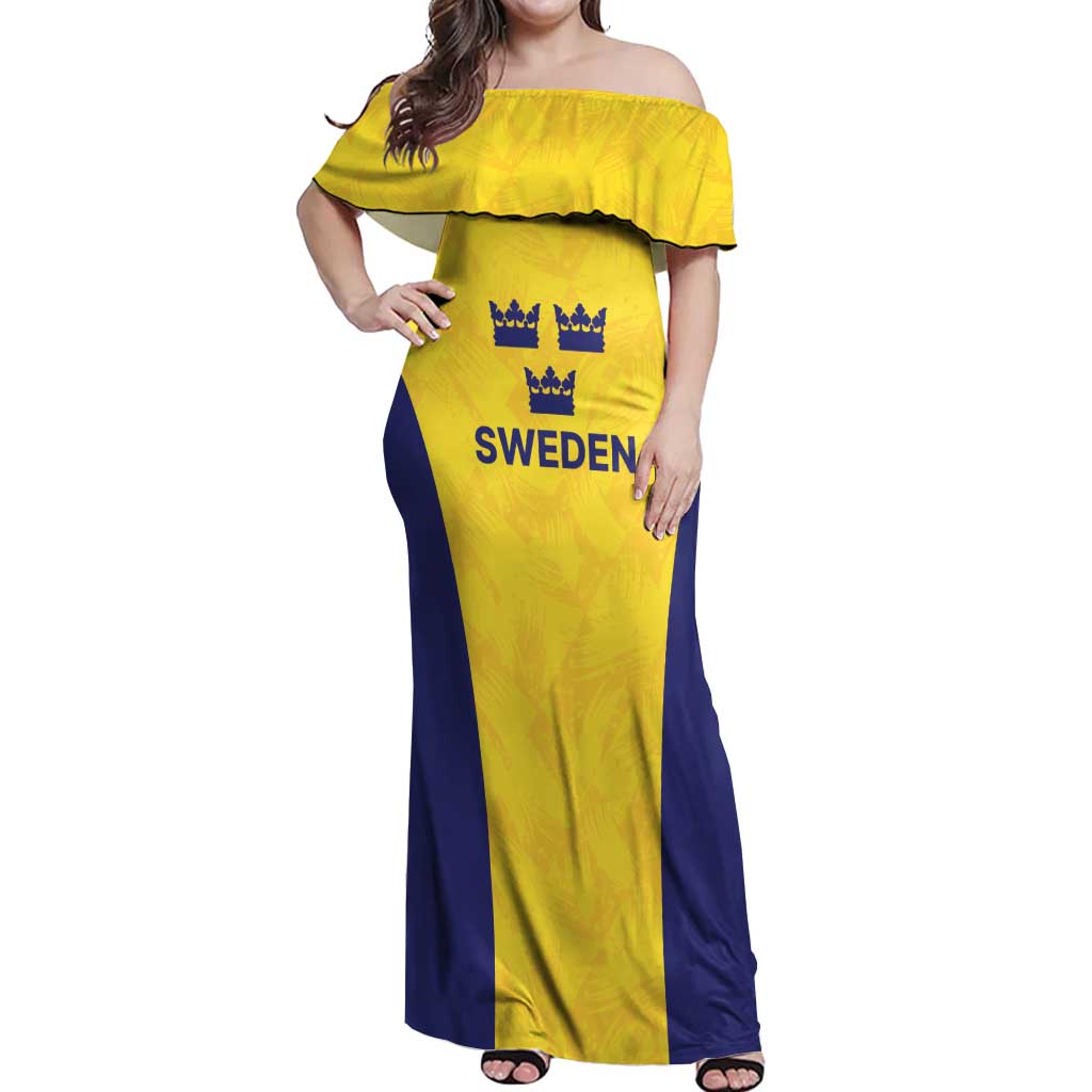 Sweden Rugby Custom Off Shoulder Maxi Dress Three Crowns of Sweden Gold Pattern - Wonder Print Shop