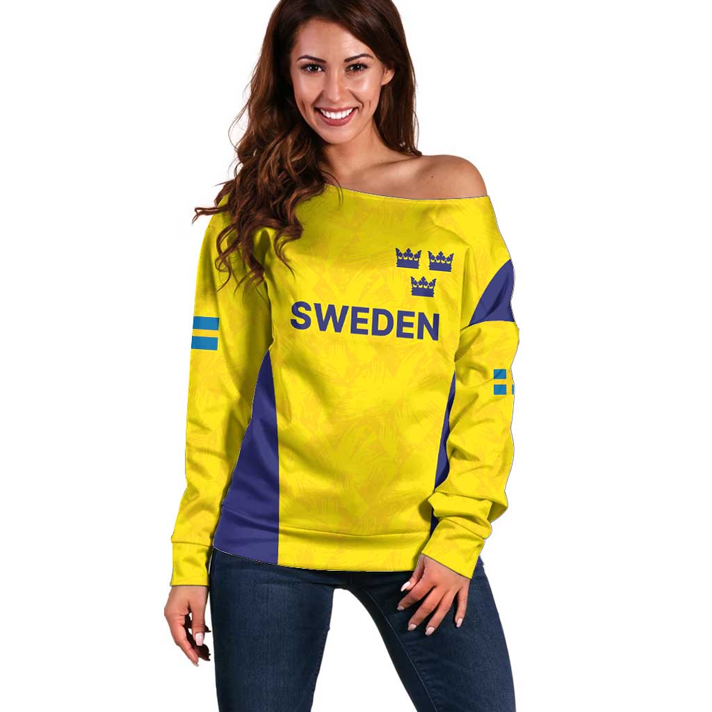 Sweden Rugby Custom Off Shoulder Sweater Three Crowns of Sweden Gold Pattern