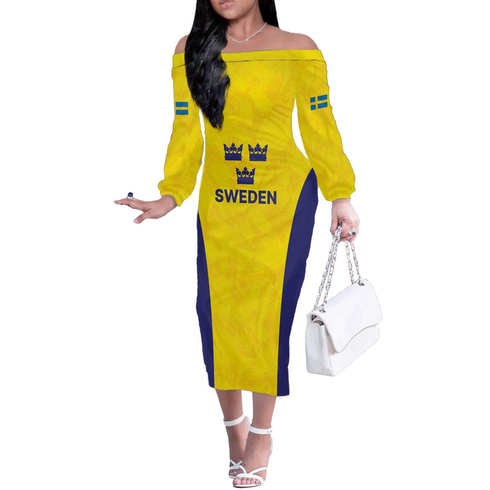 Sweden Rugby Custom Off The Shoulder Long Sleeve Dress Three Crowns of Sweden Gold Pattern - Wonder Print Shop