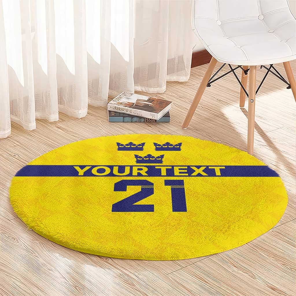 Yellow round rug with blue stripe, crowns at top, 'YOUR TEXT', and large '21'.