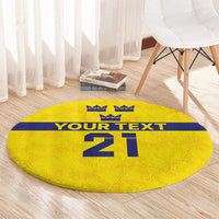 Yellow round rug with blue stripe, crowns at top, 'YOUR TEXT', and large '21'.