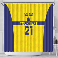 Gold and blue rugby-style shower curtain with three crowns, YOUR TEXT 21