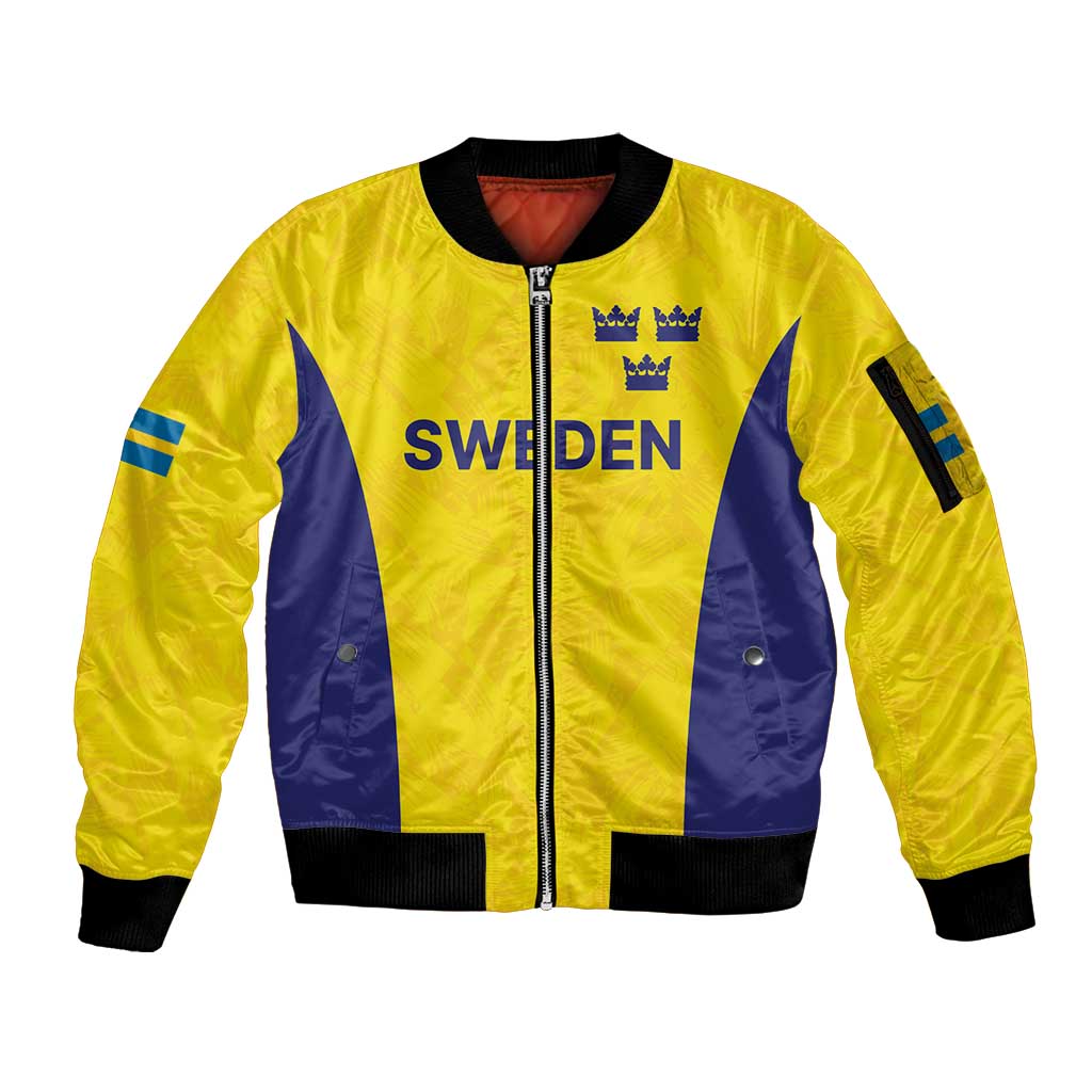 Sweden Rugby Custom Sleeve Zip Bomber Jacket Three Crowns of Sweden Gold Pattern